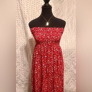 Red floral strapless midi dress or skirt with slit
